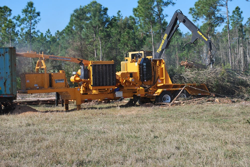 yellow machinery processing trees